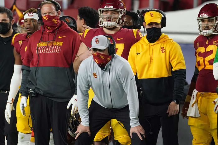 Clay Helton coaches from the sideline during the 2020 season.